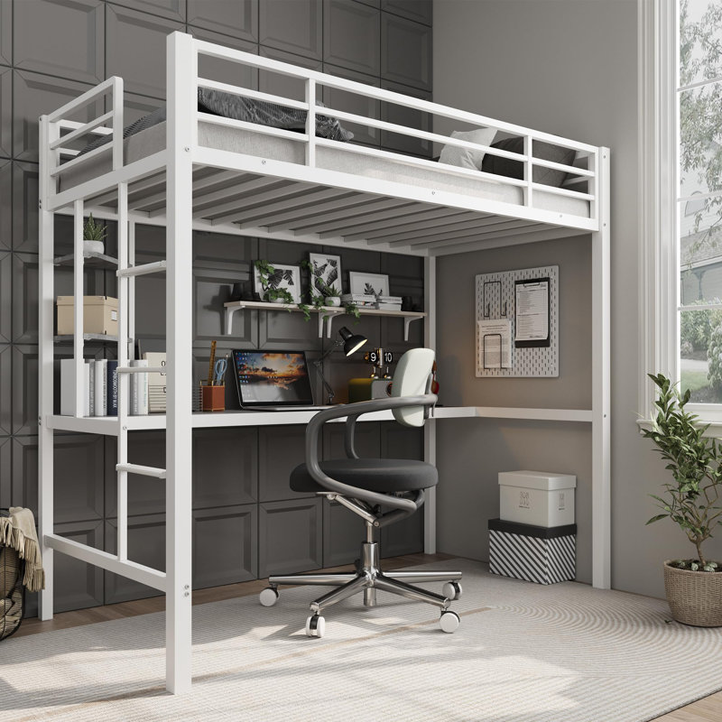 Lit mezzanine simple avec bureau et tablettes de rangement, lit mezzanine en métal robuste avec support à lattes en acier et échelle