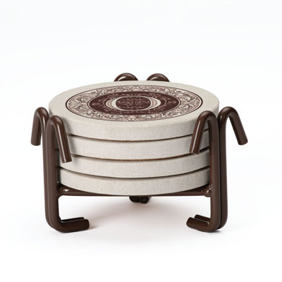 Ophelia & Co. 4 Pack Monogram Sandstone Coasters in Bronze Iron Ram Coaster Holder