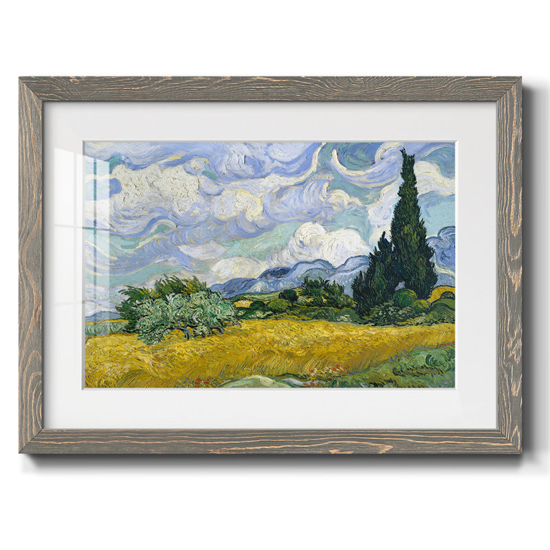 Champ de blé avec cyprès - reproduction encadrée rustique avec tableau mat, Gris, H 28 po x l 42 po x P 1,5 po