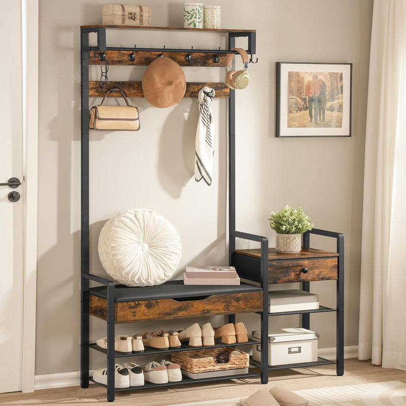 Arbre d'entrée avec banc, porte-chaussures et portemanteau pour l'entrée, portemanteau avec banc, boîte de rangement à couvercle rabattable