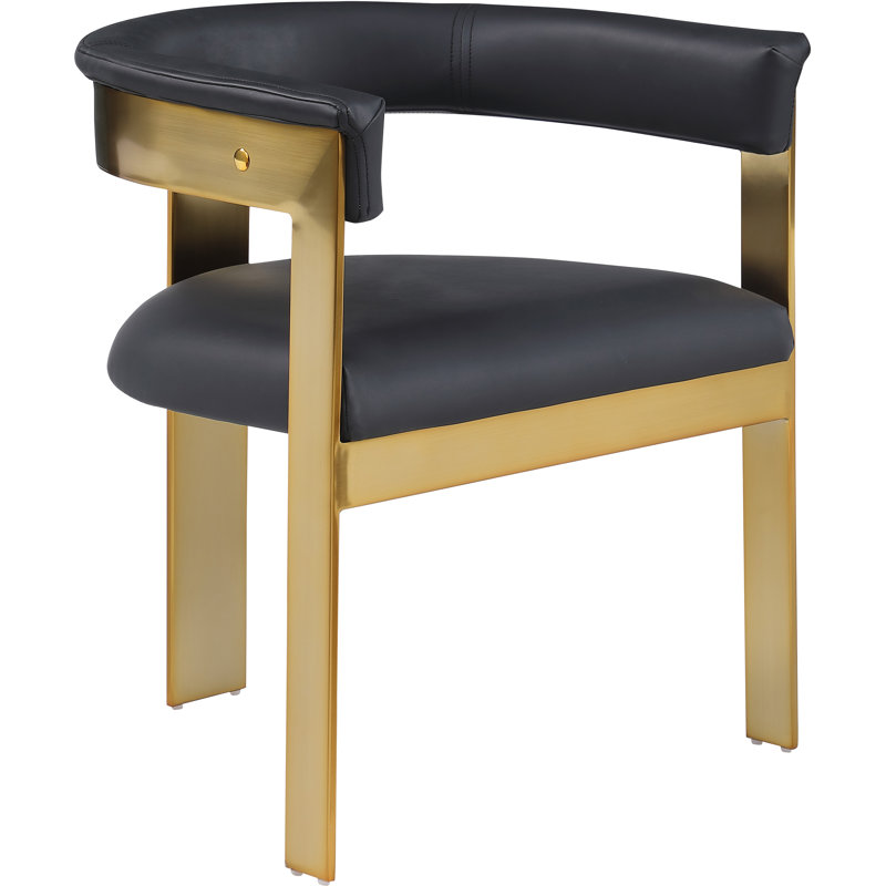 Romeo Finished Upholstered Back Arm Chair, Black Vegan Leather, Brushed Gold