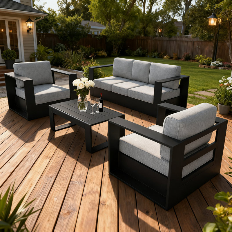 Modern Outdoor Aluminum 4-piece Conversation Set With Coffee Table, Gray Cushion/Black Frame