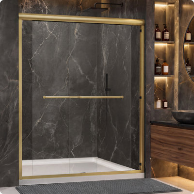 Porte de douche coulissante double encadrée avec verre à douche et deux porte-serviettes de 56 x 60 po x H 72 po, verre trempé épais de 1/4 po (6 mm) de qualité supérieure