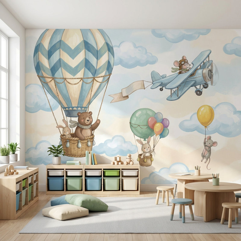 Adhésif mural ballon à air chaud pour enfants, 140 po x 108 po, Peler et coller