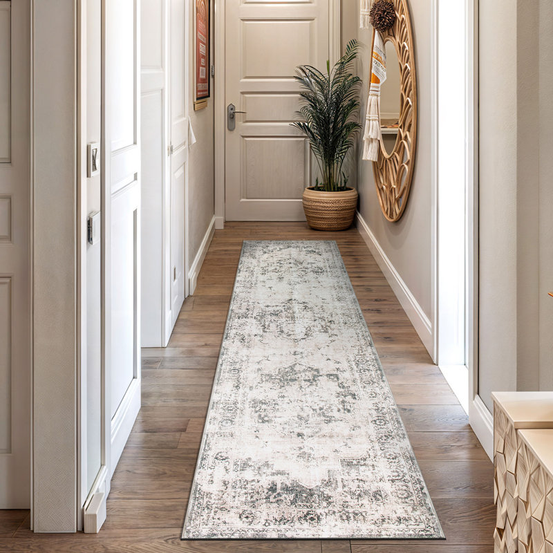 Transitional Distressed Medallion Washable Non Slip Area Rug, Runner 2' x 10'