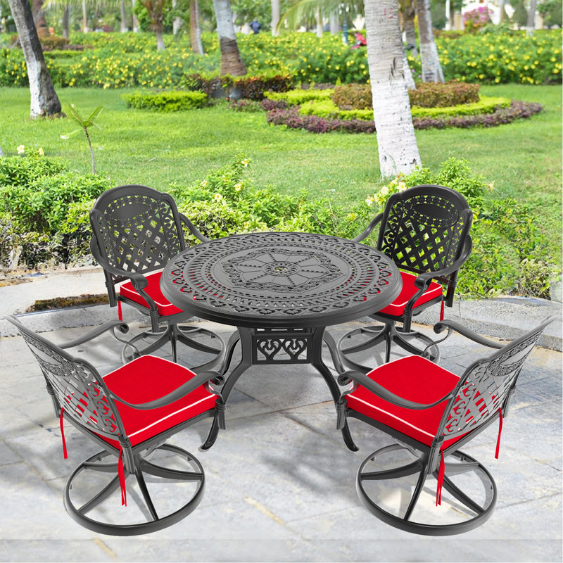 5-Piece All-Weather Cast Aluminum Dining Set, Include 4 Swivel Chairs And 39.37" Round Table With Black Frame, 4