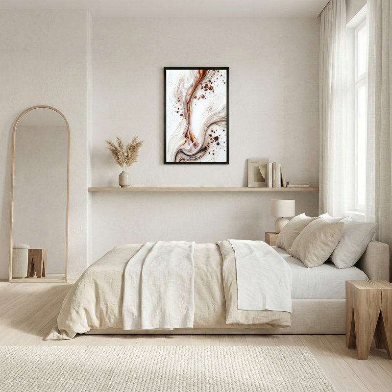 Art abstrait sur toile abstraite, tourbillons en bronze et fluide blanc, 36"H x 24"W
