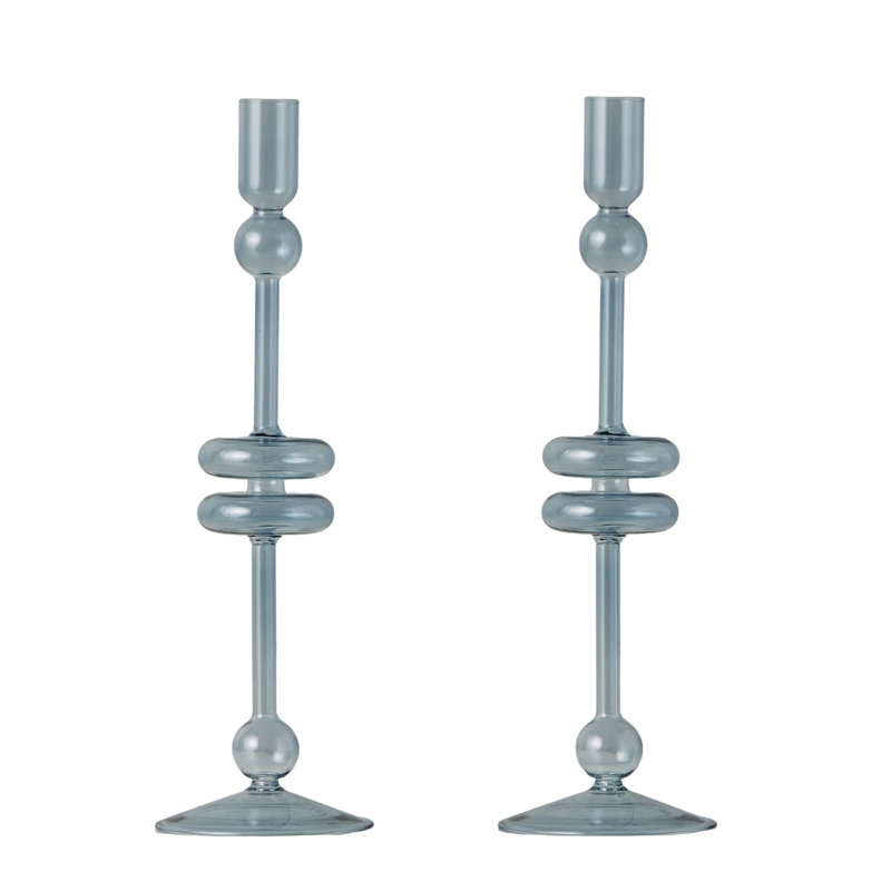 Glass Candlestick, 12" H x 4" W x 4" D, Denim Blue