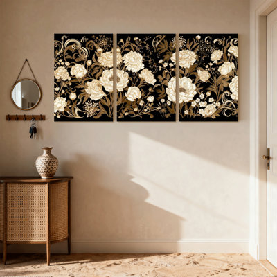 Scénario et paysages urbains sur fond noir, fleurs crème, décorations dorées, ensemble de 3 impressions sur toile