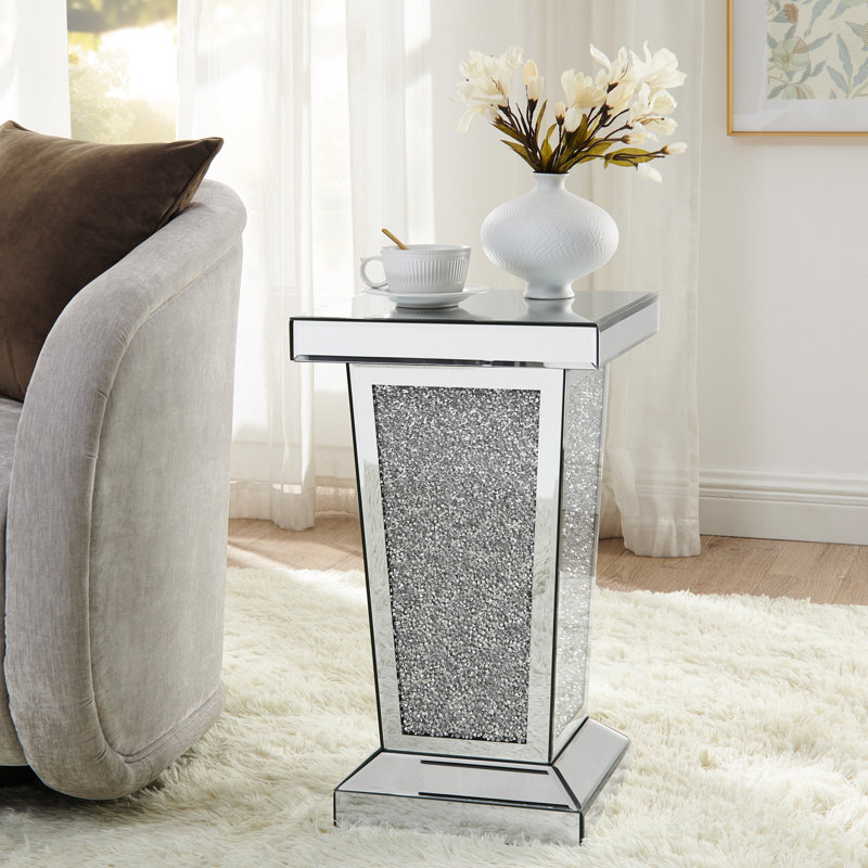 Silver Mirrored End Table With Crystal Inlay (Only Including Table)