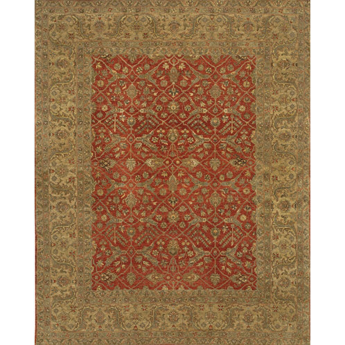 Angora Wool Oriental Area Rug in Red/Brown/Light Green, Rectangle 9' x 12'