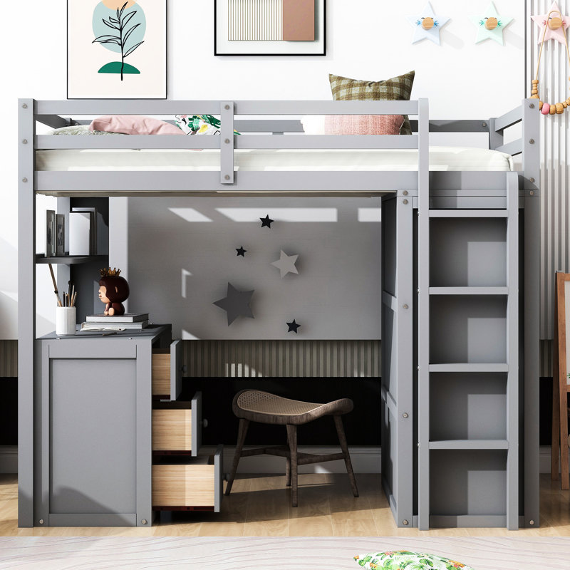 Lit mezzanine simple gris avec compartiments à tiroirs, bureau pour ordinateur portable et garde-robe. Fabrication solide pour la durabilité. Maximisez la surface de la chambre à coucher. Pas de sommier tapissier requis, tiroirs de rangement, bois de bureau. Marque