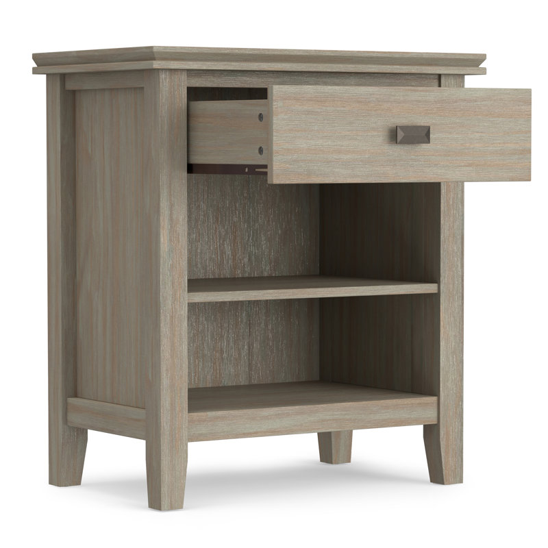 Artisan 24"W Solid Wood Contemporary Nightstand with 1 Drawer, Open Shelf Storage and Bronze Knobs, Distressed Gray