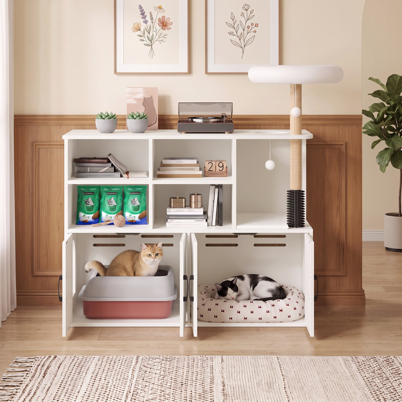 Double Litter Box Enclosure, Hidden Cat Cabinet with Storage