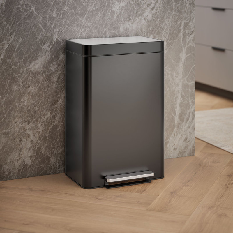 Reset 13 Gallon Kitchen Trash Can, Stainless Steel Hand Free Step Trash Can with Quiet-Close Lid, Black Stainless Steel