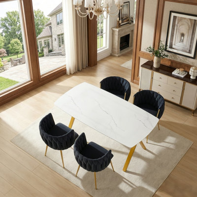 Ensemble de table de salle à manger 51 po en verre pour 4 personnes, table rectangulaire en verre trempé à motif de marbre et chaises en velours, pour la salle à manger, la cuisine, les réunions de famille, or, noir