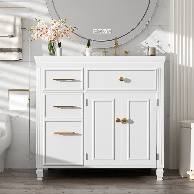 Meuble-lavabo 36 po avec lavabo, lavabo en céramique, tiroir coulissant, 3 tiroirs latéraux, tablette réglable, Blanc