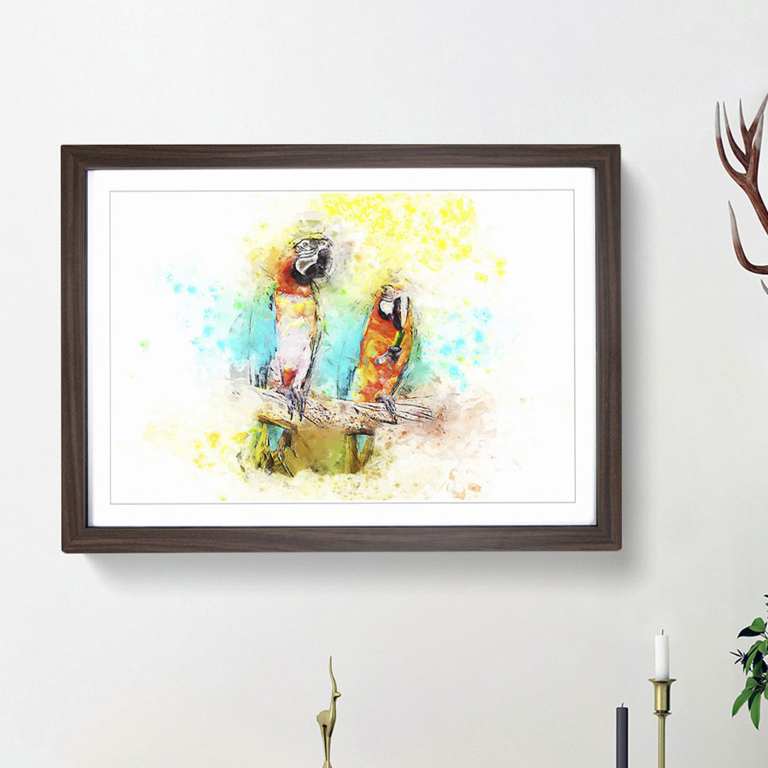 Two Macaw Parrots on a Branch in Abstract - Picture Frame Painting Print