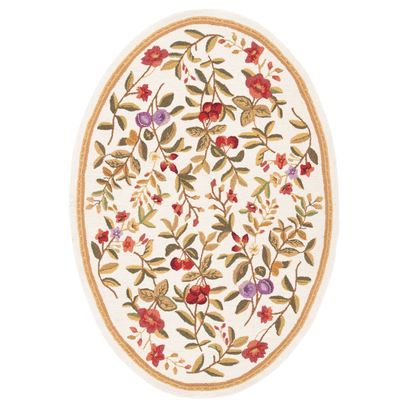 Kinchen Hand Hooked Wool Pile Floral Rug, Oval 7'6" x 9'6"