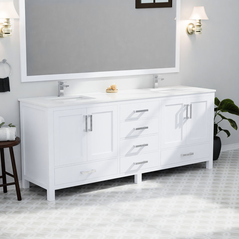Meuble-lavabo double 80 po, comptoir en quartz, bois massif, design tendance Avec rangement blanc et 6 tiroirs, Blanc