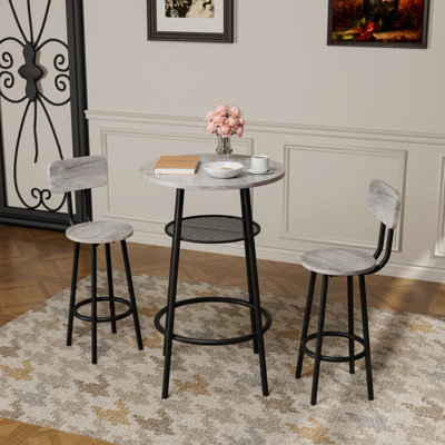 3-Piece Counter Height Bar Table Set with Wood Grain MDF Top & Black Metal Frame, 2 Backed Bar Stools