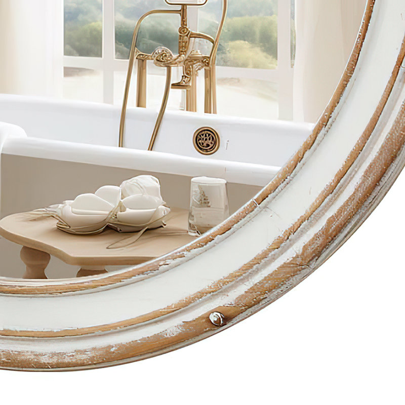 24 Inch Round Wooden Framed Mirror, Rustic Wood Wall Mirror for Farmhouse, Bedroom, Entryway