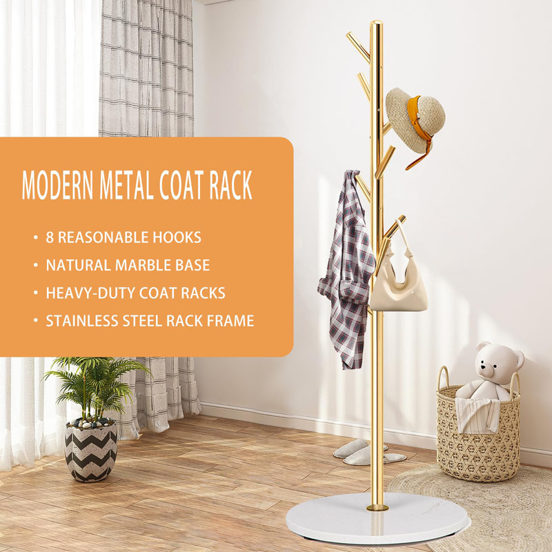 Freestanding Modern Metal Coat Rack, Whtie/Gold