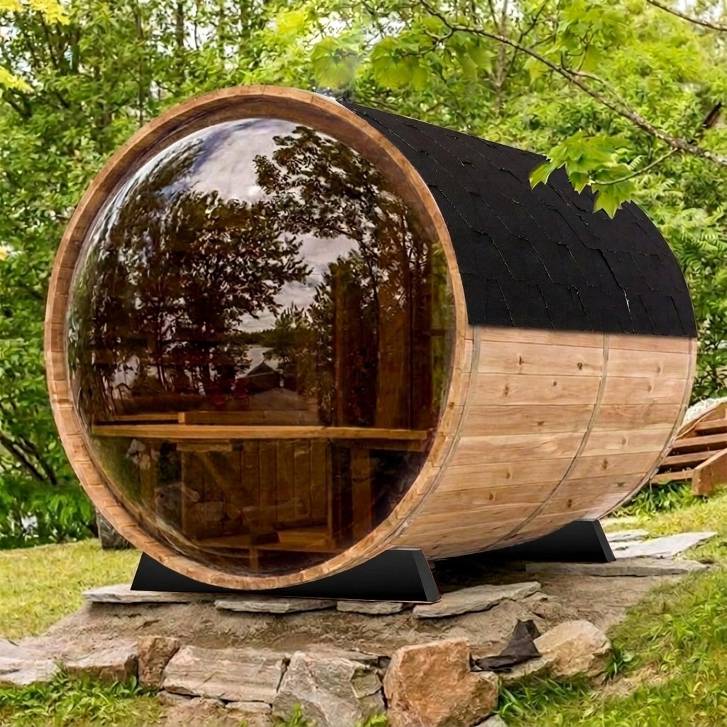 Smartmak Outdoor Wooden Panoramic Barrel Sauna, 4-6 Person Sauna Room ...