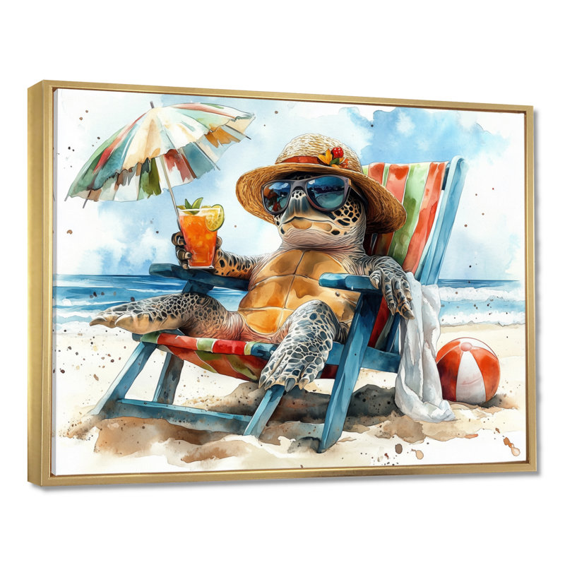 Turtle On The Beach Relaxing - Coastal Animal Wall Art Living Room, Gold Floater Framed Canvas, 34" H x 44" W x 1.5" D