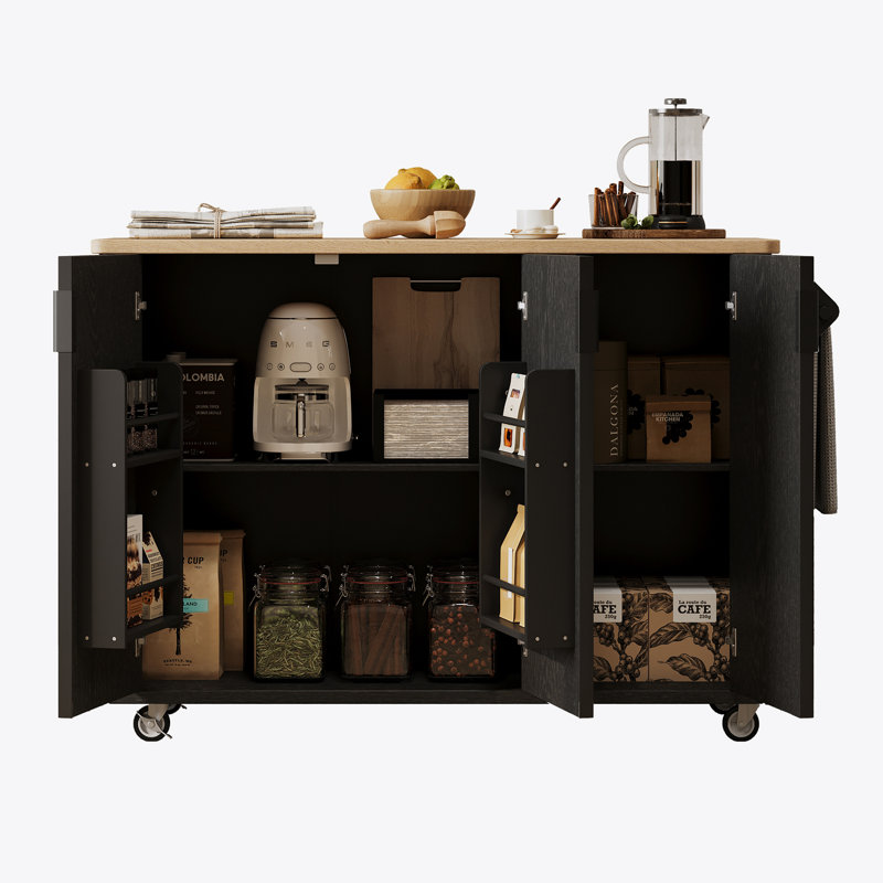 51" Fluted Kitchen Island with Drop Leaf, Farmhouse Accent Kitchen Island on Wheels with Internal Storage Rack, Rolling Kitchen Cart with Towel Rack for Kitchen, Dining Room