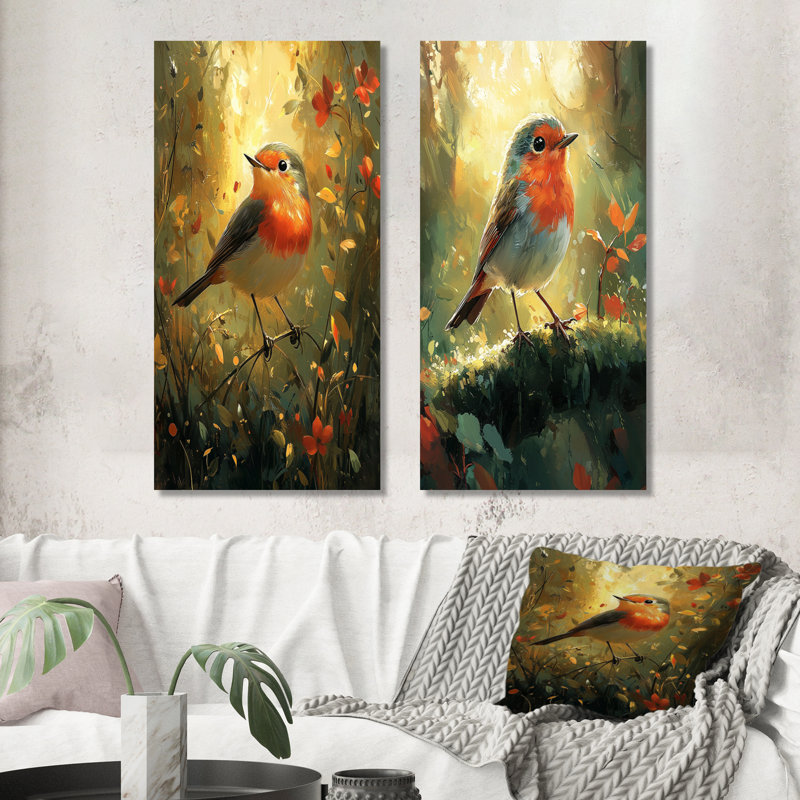 Robin des bois dans la clairière boisée I - animaux, art sur toile 2 panneaux, H 32 po x l 33 po, Toile tendue