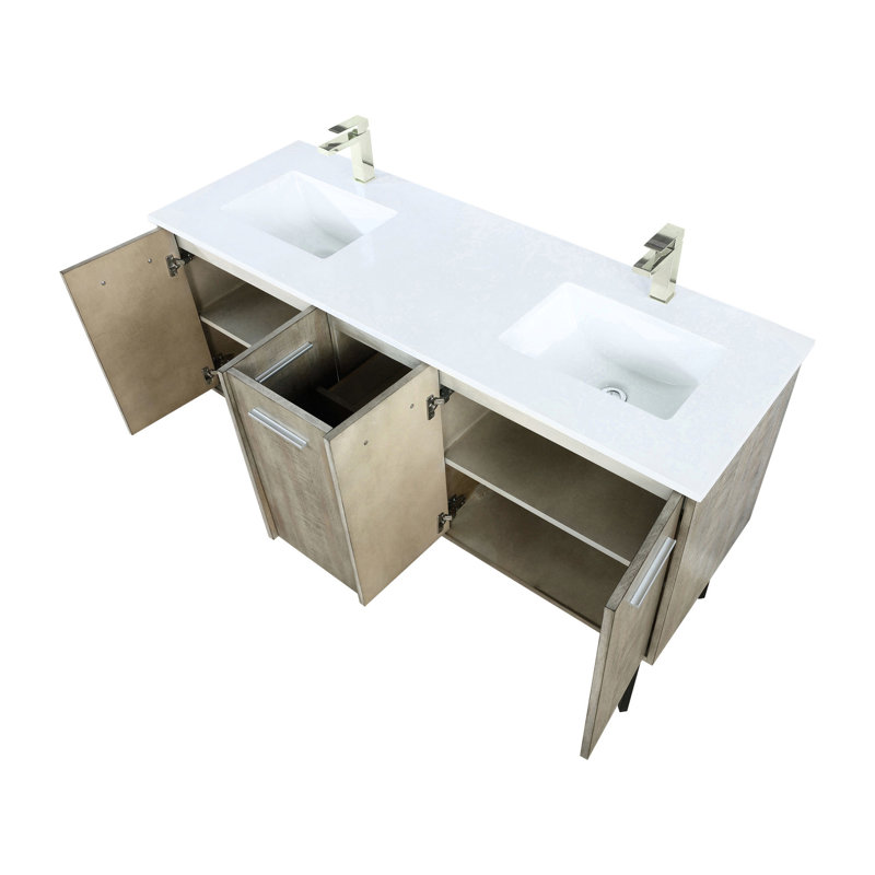 Meuble-lavabo double l 60 po avec comptoir en marbre de culture de P 20 po et robinet - Espace de rangement suffisant à fermeture en douceur X Design généreux