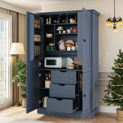 Kitchen Pantry Cabinet With 4 Doors, 3 Drawers, 6 Wine Racks & Workstation