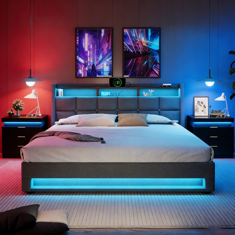 3-Piece Bedroom Set ,Upholstered Platform Bed With A Hydraulic Storage System , LED ,USB Charging And 2 LED Nightstand, Full