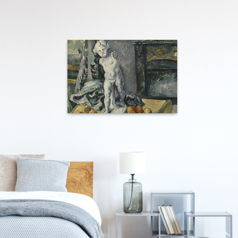 Nature morte au Cupidon en plâtre, estampe d'art mural contemporaine abstraite impressionniste des années 1890 représentant des fruits