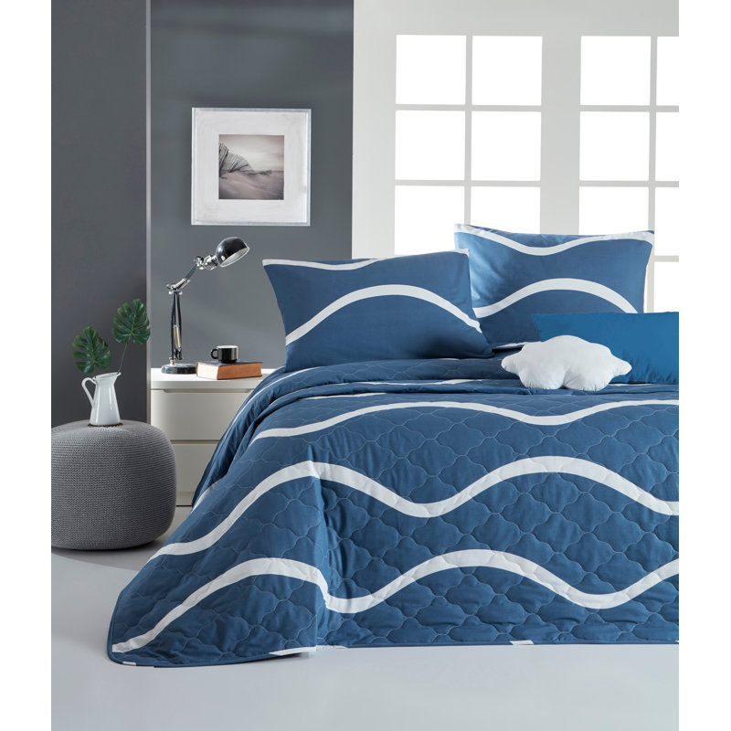 Ensemble de couvre-lit / couvre-lit 100% coton 3 pièces Ranforce, Bleu / blanc