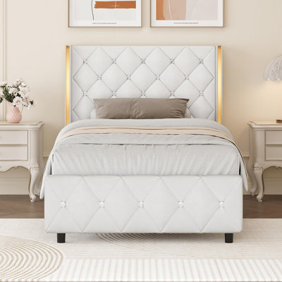 Upholstered Bed Frame With Diamond Tufted Headboard, Modern Wingback, No Box Spring Needed