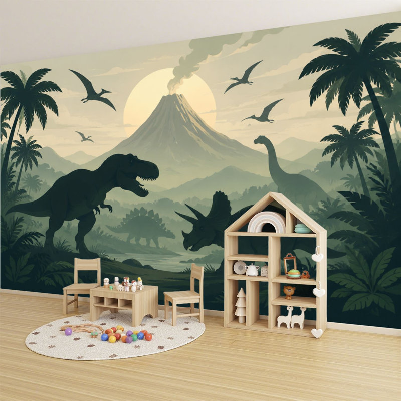 Papier peint adhésif auto-adhésif moderne pour la chambre à coucher, avec paysage de dinosaures, volcan, créatures préhistriques, coucher de soleil