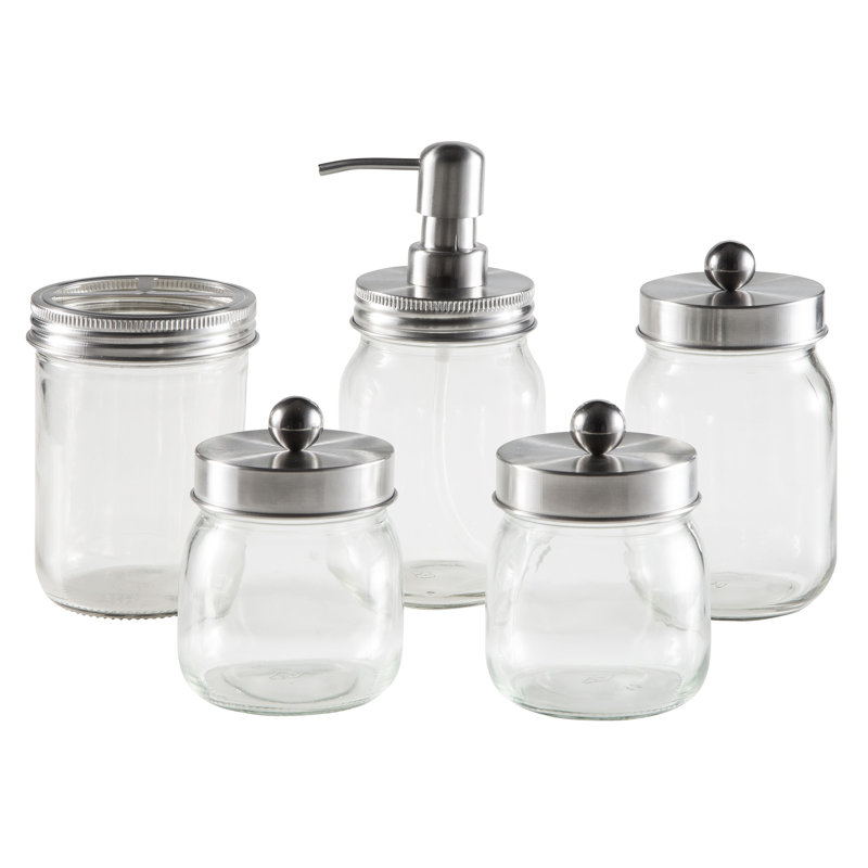 Mason Jar 5-Piece Bathroom Set with Toothbrush Holder, Soap Dispenser, Canister, & 2 Small Jars, Silver
