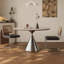 Table de salle à manger ronde moderne de 119 cm (47 po) en pierre frittée avec pied central en acier inoxydable, imitation travertin