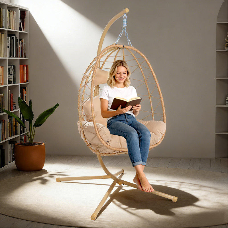 Fauteuil suspendu suspendu en osier avec support et coussin lavable pour patio, Pink, Natural