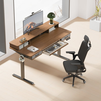 Bureau debout électrique de 55 po avec plateau pour clavier, bureau à hauteur ajustable avec 2 tiroirs, bureau ergonomique avec support pour moniteur, table d'ordinateur, noyer noir