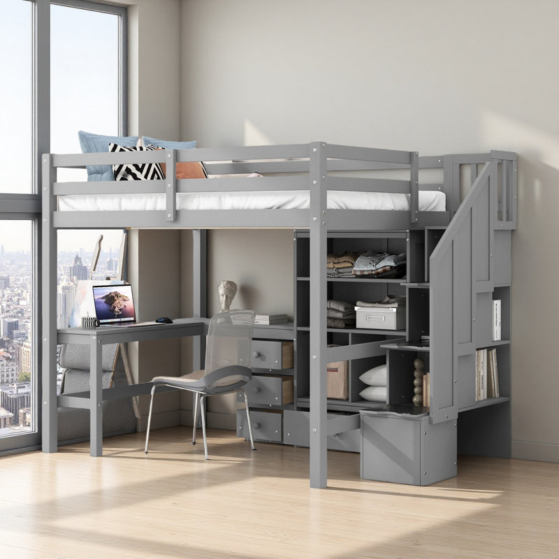Full Size Loft Bed With L-Shaped Desk And Storage Drawers, Gray
