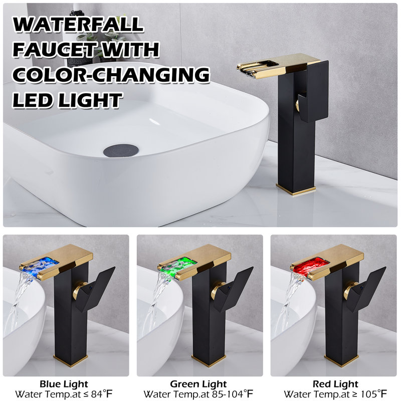 Black and Gold LED Waterfall Vessel Sink Faucet with Pop-Up Drain
