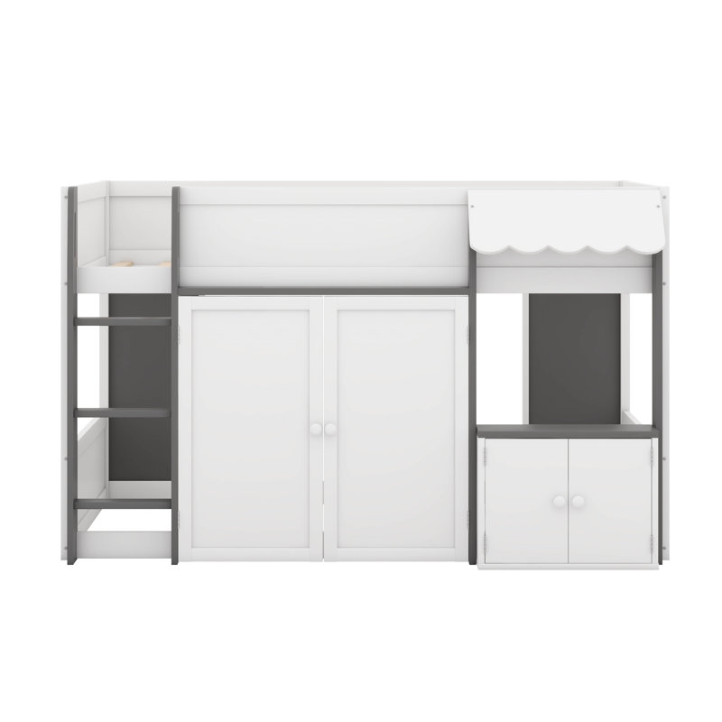 Lit mezzanine double avec maisonnette et rangement, Blanc / Gris
