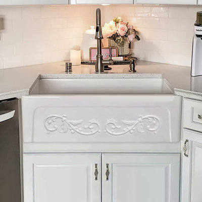 Whitehaus 33” Reversible Single Bowl Fireclay Kitchen Sink: Roman Vine, Beveled Front Apron