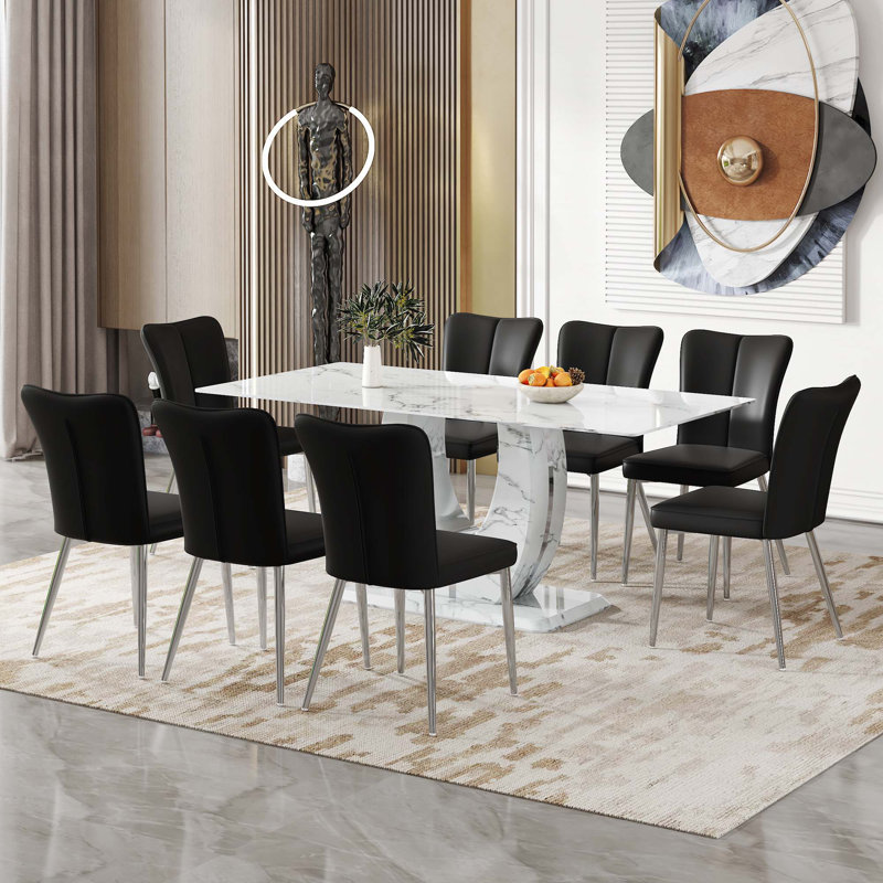Ensemble de table et de chaises Willistine, ensemble de salle à manger moderne simple en marbre avec chaises en polyuréthane, autocollant en marbre, plateau de table en verre trempé, avec pieds de chaise arqués en métal