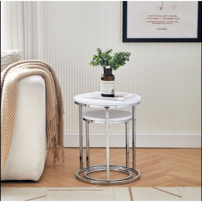 Algona Set Of 2 Tables White Table Top Chrome Legs Living Room Decoration Space Saving Design