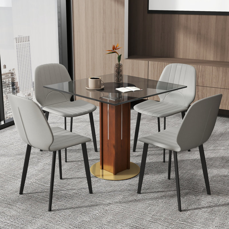Nexus 5-Piece Modern Square Tempered Glass Conference Table Set With 4 Leather Chairs, Grey