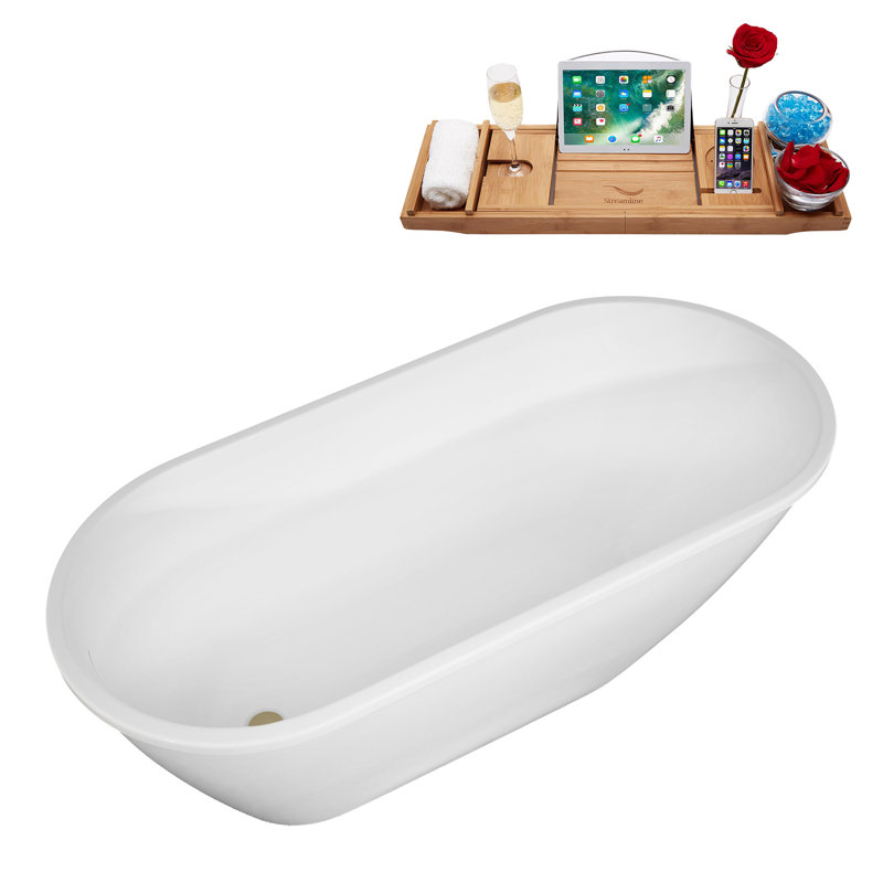 61" Streamline Soaking Freestanding Tub and Tray With Internal Drain, Brushed Brass
